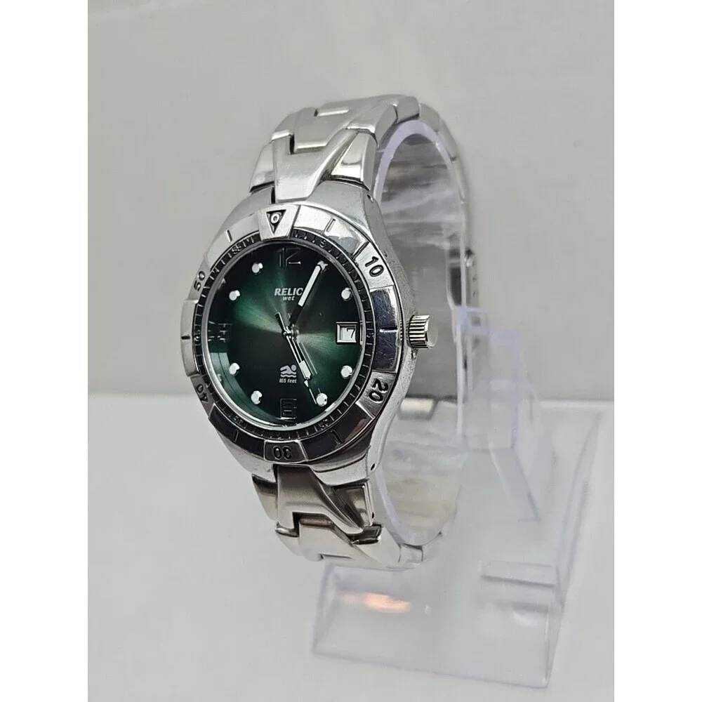 Relic Wet by Fossil Mens Green Dial Silver Stainless Date Watch New Battery 50M
